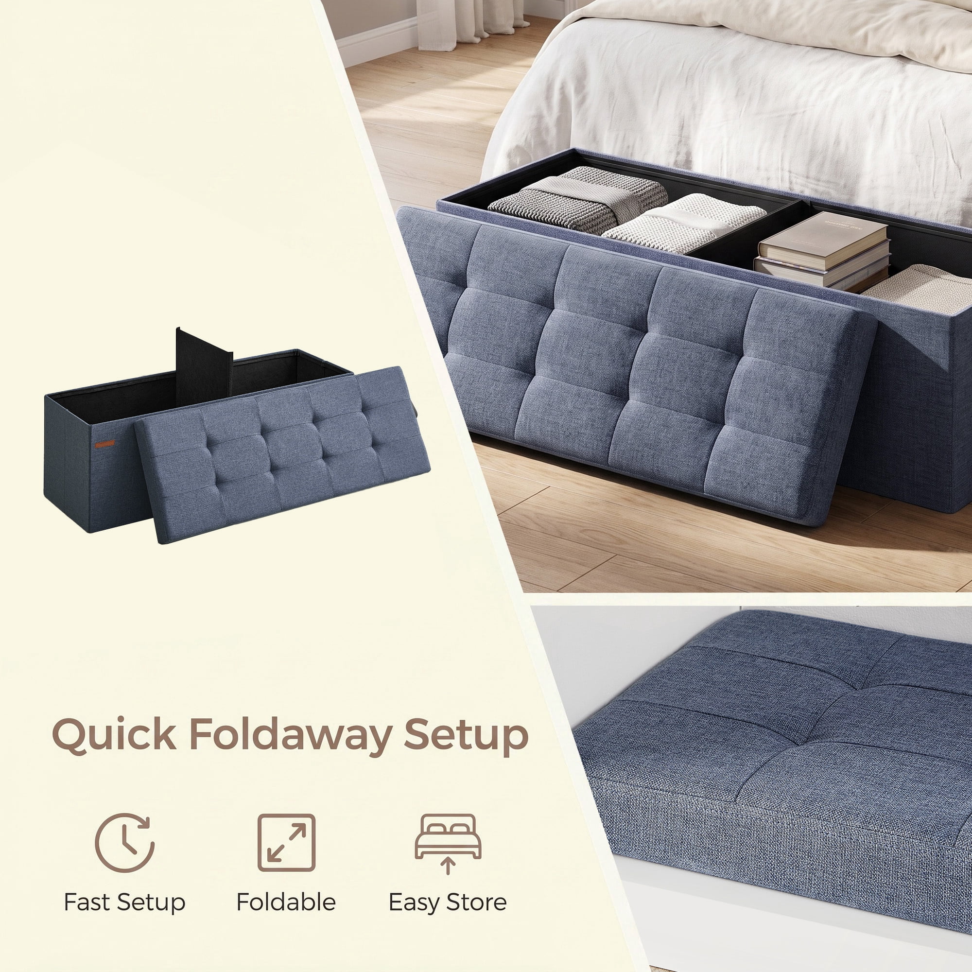 Ledrem Misty Blue Foldable Storage Ottoman Bench with Footrest, 660lb Capacity