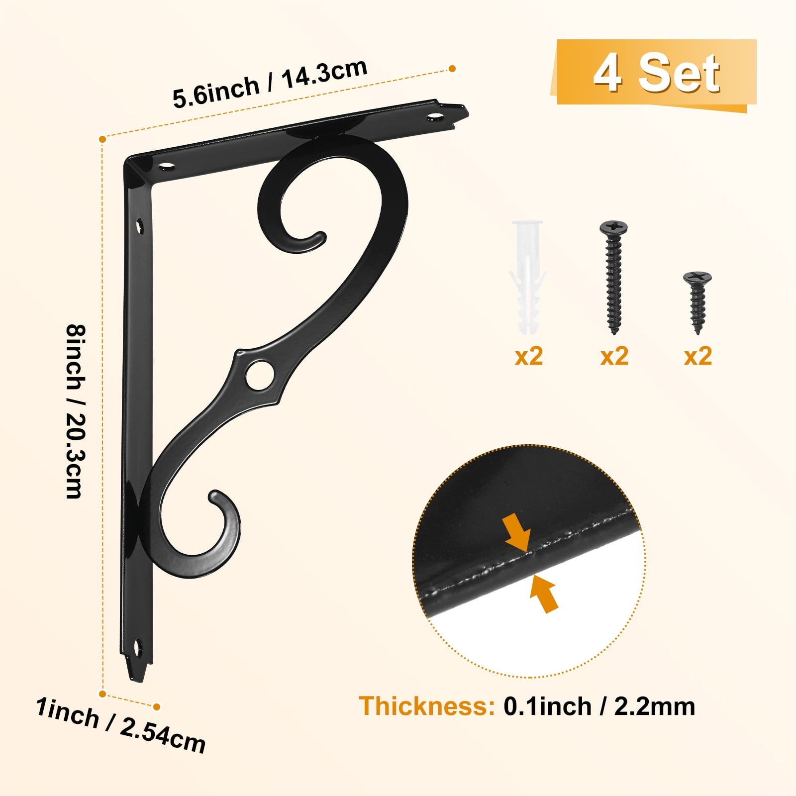 4-Pack Shelf Brackets, 8 Inch Long Iron Wall Mount Shelf Support Bracket for Home/Kitchen/DIY Decorative [Black]