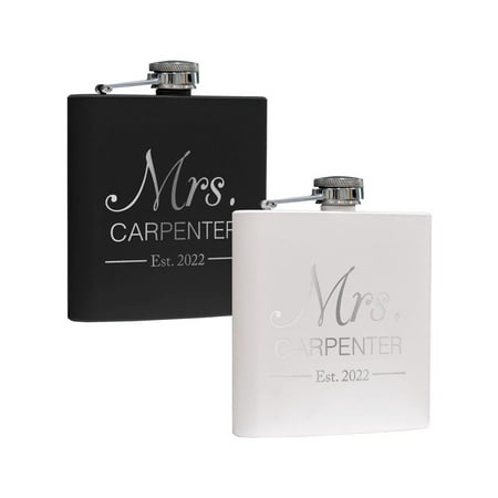 

Customizable 6 oz Mr and Mrs Flask Set | Black and White or with Silver Engraving | Weddings Gifts Celebrations Anniversaries (Black and White)