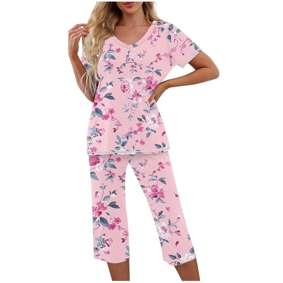SwiftWear Relaxed Pajams Set 2 Piece V-neck Top with Floral Prints, 7Inch Mid-Calf Capris (Elastic Waist & Pockets) - Stylish & Comfy Sleepwear