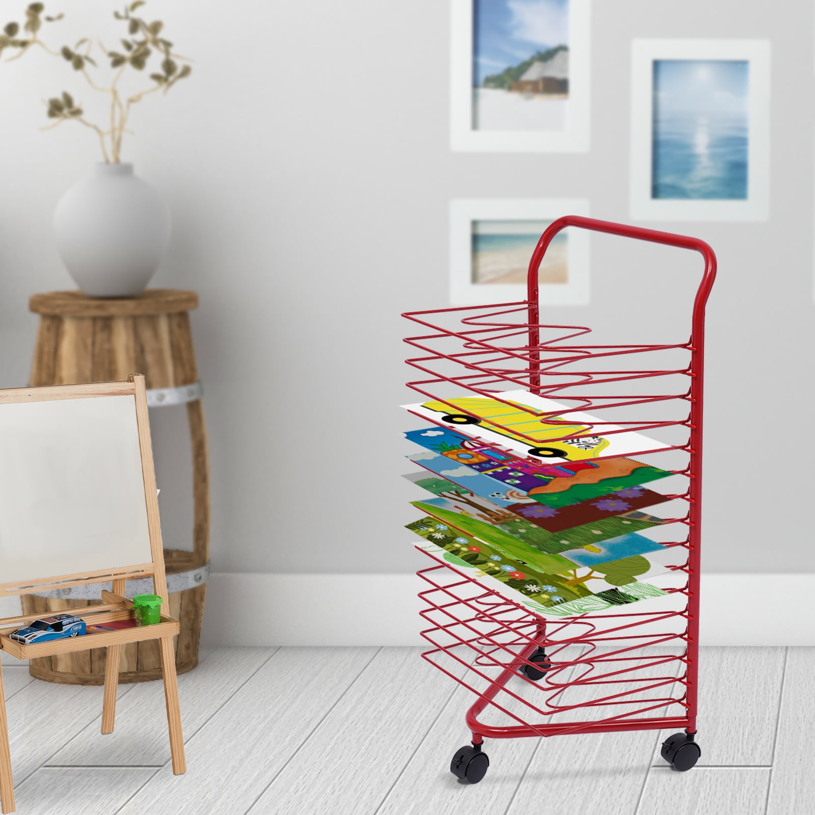 LOYALHEARTDY Small Art Drying Rack, Red Cast Iron Artists Drying Racks on  Wheels, 16 Shelves Classroom Art Storage Rack for A2, A3, A4 Paper