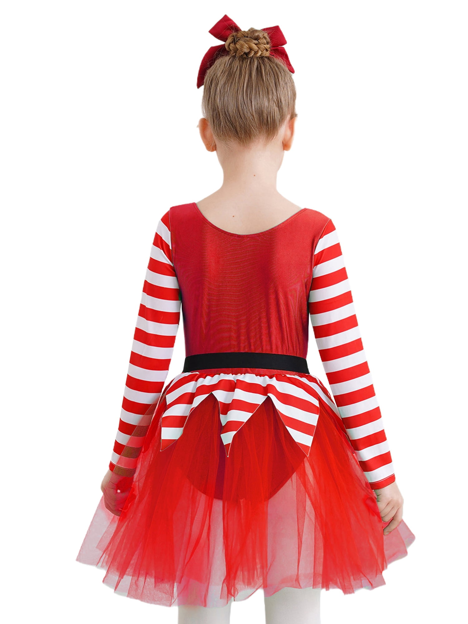 iEFiEL Kids Girls Christmas Elf Dress Long Sleeve Stripes Tutu Dance Dress Leotard Santa Little Helper Outfit Red 6