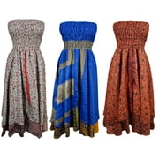 Mogul Womens Vintage Silk Sari Dress 2 IN 1 Recycled Two Layer Skirt Wholesale Lot Of 3 pcs