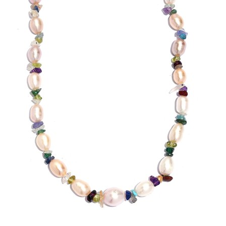 Multi Color Freshwater Pearl and Multi Gemstone 10 ctw Necklace in Rhodium Over Sterling Silver 18 Inches Christmas Gifts