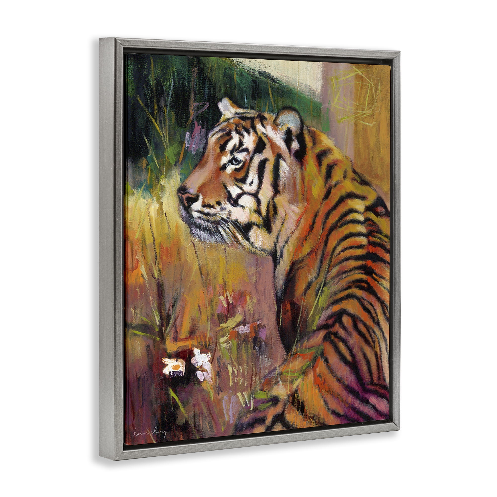 Stupell Industries Patience Tiger in Wait Gray Framed Floater Canvas Wall Art, design by Karen Chang