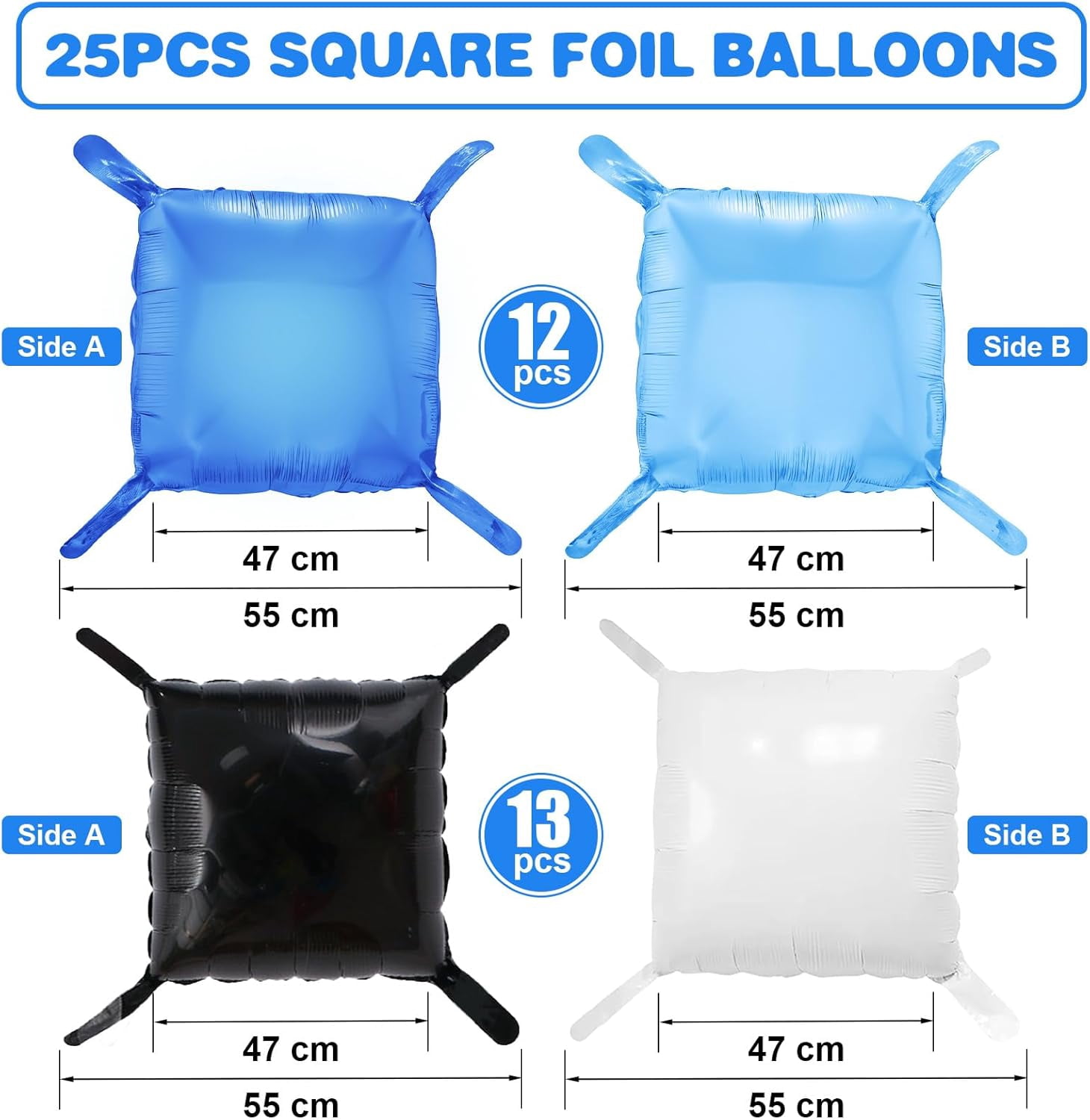 Black Blue White Square Foil Balloon Wall,25Pcs Double Sided Foil Balloons Backdrop Helium Polyester Tunnel Arch Garland Kit for Birthday Bridal Anniversary Baby Shower Party Decorations
