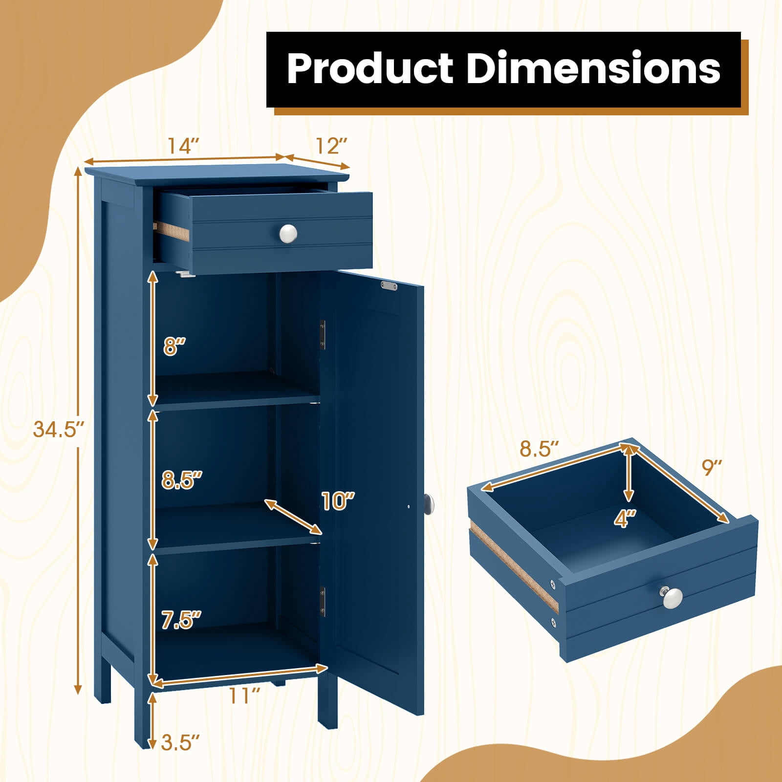 Costway Bathroom Floor Cabinet Storage Organizer Free-Standing with Drawer Gray Blue