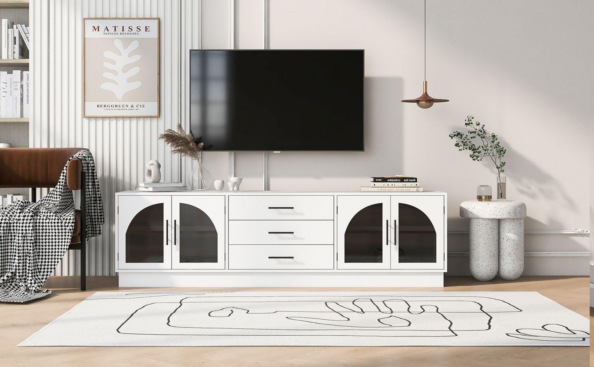Euroco Modern TV Stand with Arched Glass Doors, Drawers & Adjustable Shelves for TVs up to 75 Inches