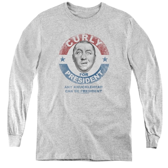 Three Stooges Curly For President Youth Long Sleeve Tee Athletic Heather
