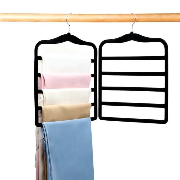 2-Pack Velvet Non-Slip Pants Hangers - 5-Tier Space Saving Closet Organizer for Jeans, Skirts, Scarves, Dorm Room Storage Hanger with 360° Swivel Hook (Black)