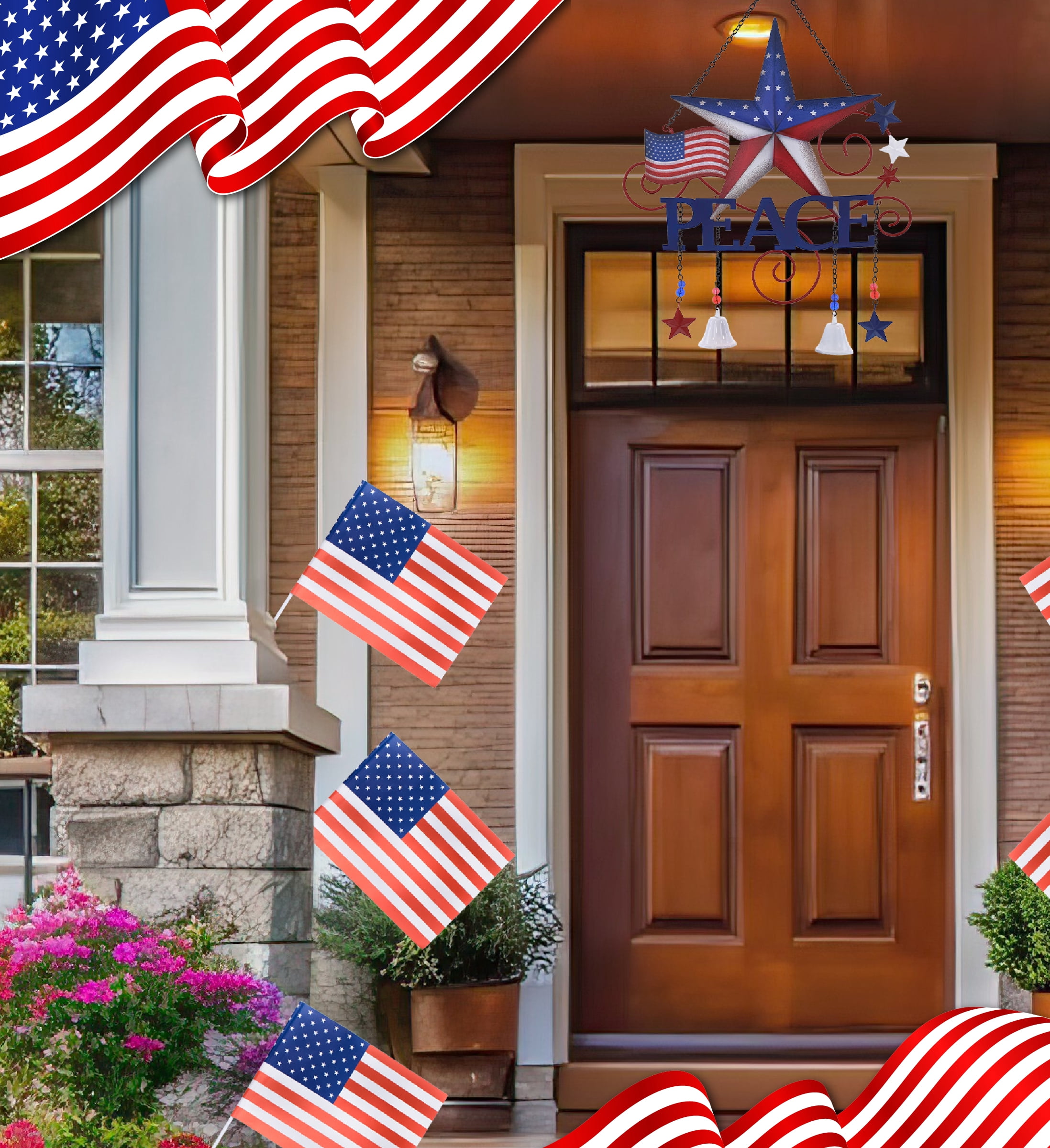 CoTa Global USA Flag Peace Wind Chime - American Flag Patriotic Indoor or Outdoor Windchime Home Decor with Hanging Bells, Handcrafted Glass and Metal Wind Chimes for Yard, Garden, Porch - 20 Inches