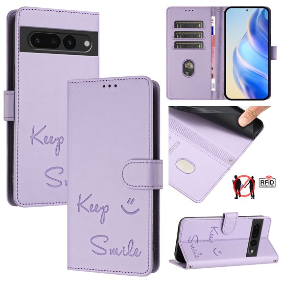Crossbody Wallet Case for Google Pixel 7 Pro, Smile Pattern PU Leather Phone Case with Kickstand RFID Blocking Card Slots, Magnetic Closure Folio Cover with Wrist Strap Lanyard, Purple