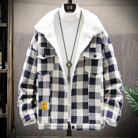 Meichang Fleece Lined Jackets Men Big and Tall Plaid Outerwear Streetwear Button Down Shirt Jacket Regular Fit Collared Long Sleeve Coat Jacket