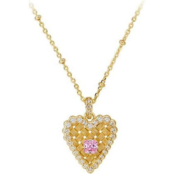 Vintage Style Gold Pendant Necklaces for Women with Brushed Finish Heart Shape 925 Sterling Silver Gold Necklace White/Pink Cubic Zirconia Necklace for Wife Bridal