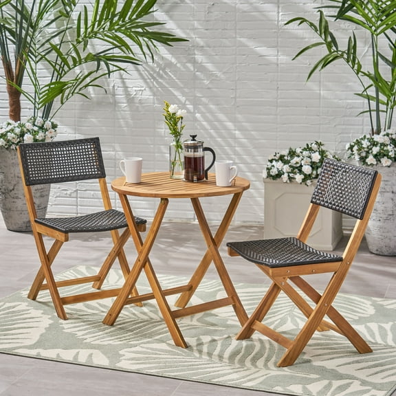 Maison Outdoor 3 Piece Wood and Wicker Foldable Bistro Set, Teak and Brown