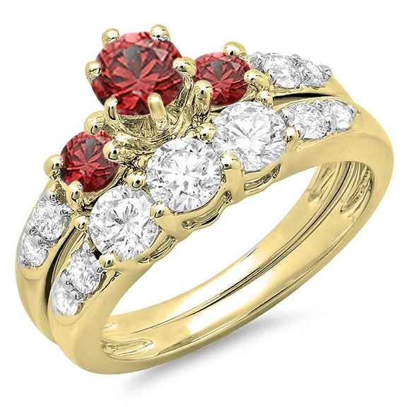 Dazzlingrock Collection 14K Round Red Ruby & White Diamond 3 Stone Bridal Engagement Ring Set, Yellow Gold, Size 7.5