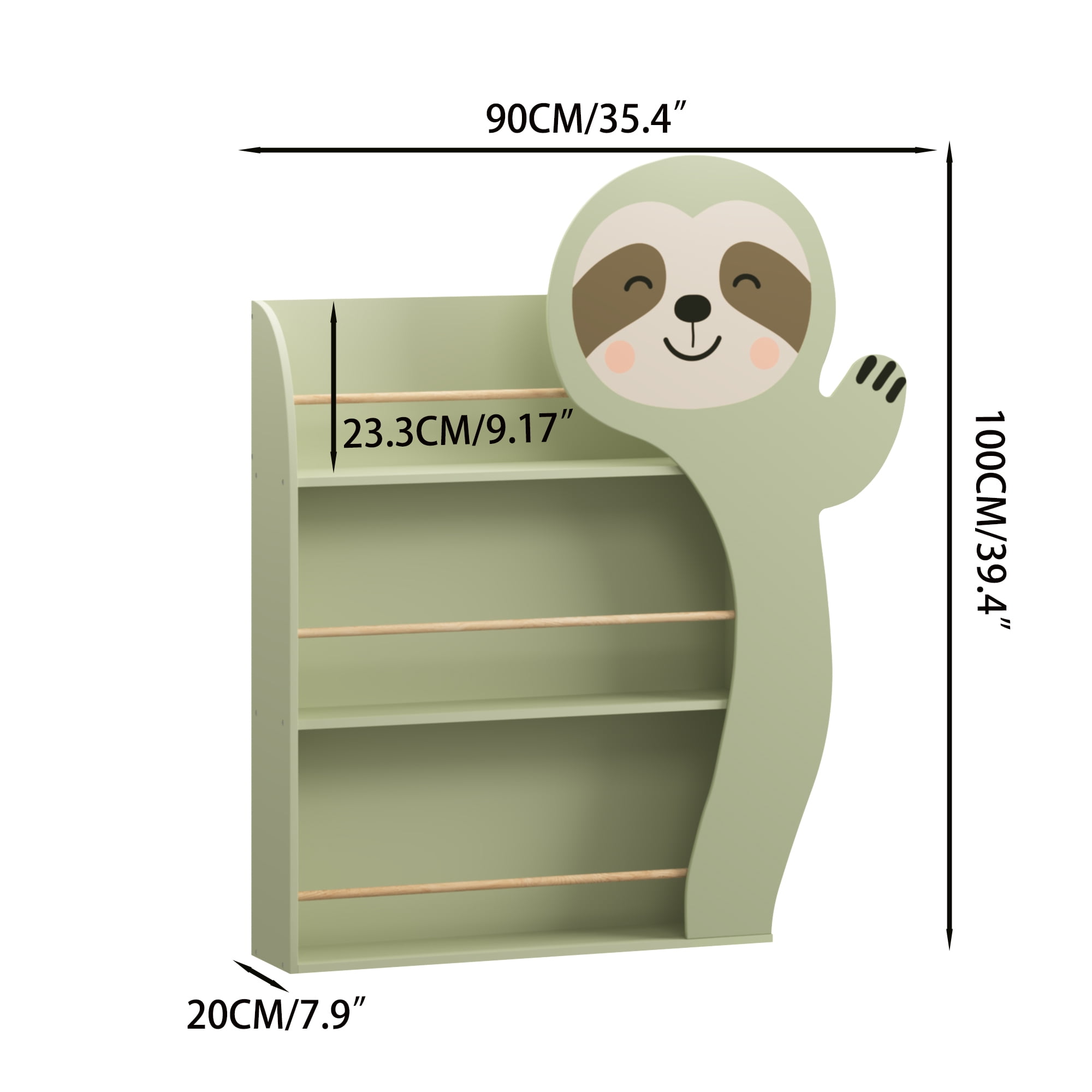 Miniyam Kids Sloth Bookshelf, 3-Tier Front-Facing Toddler Book Rack with Wooden Rods and Anti-Tip Kit, MDF Nursery & Playroom Book Storage Shelf, Green