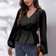 thumbnail image 1 of ICHUANYI Clearance Women's And Winter V-Neck Lantern Sleeve Chiffon Shirt Solid Color Waist Long-Sleeved Top(Black, L) ICHUANYI WER2023081206874, 1 of 9