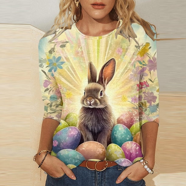 TaTaai Women Fashion Easter Theme Loose Tops Round Neck Three-quarter Sleeve Casual Soft Comfortable Lightweight Daily Holiday Outfits Shirts Gift