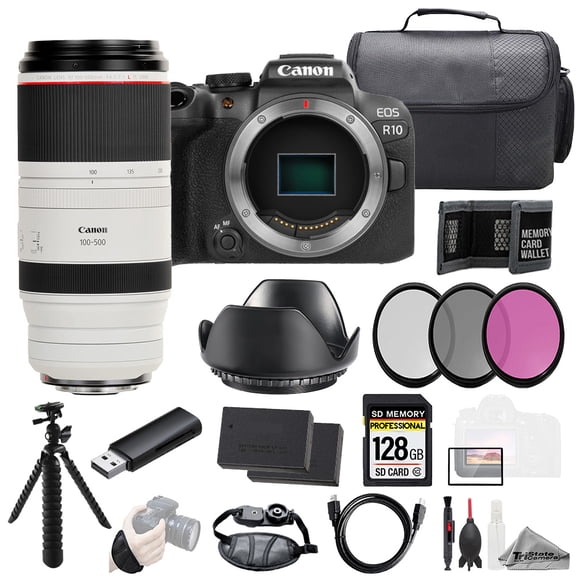Canon EOS R10 Camera   RF 100-500mm f/4.5-7.1 L IS USM Lens 128GB   Ext Bat  3 PC Filter- Kit (International Version)