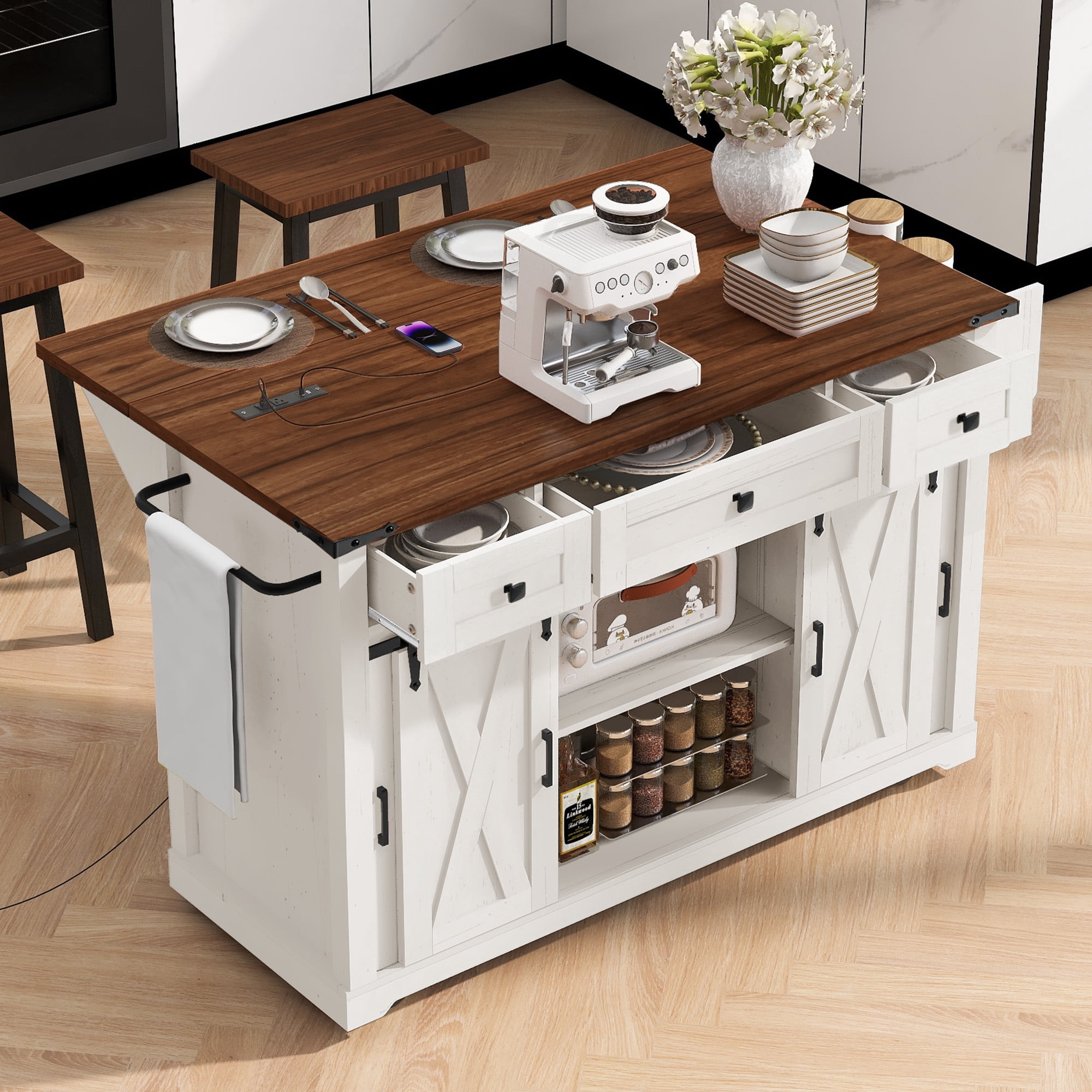 Mintazer 58" Farmhouse Kitchen Island Cart with Single Drop Leaf & Power Outlet, Rolling Kitchen Island Table with Sliding Barn Doors, 3 Drawers & Side Spice Towel Racks for Kitchen, White