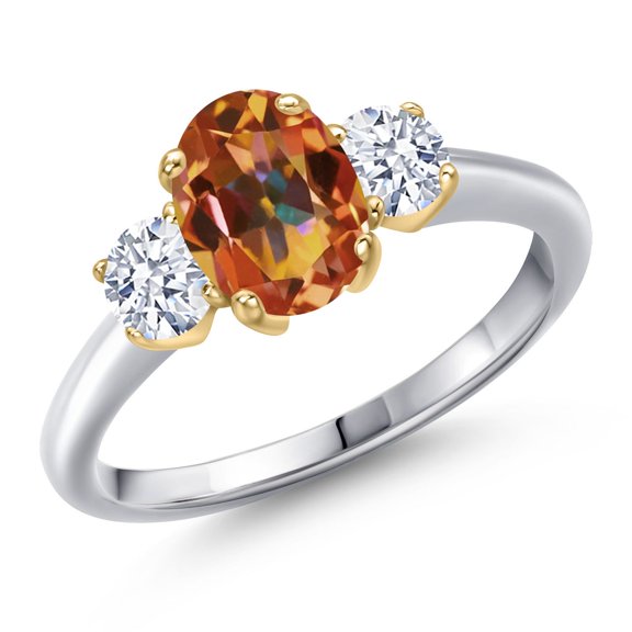 Gem Stone King 10K Two Tone Gold Ecstasy Mystic Topaz and White Zirconia Engagement Ring for Women | 2.00 Cttw | Oval 8X6MM | Gemstone November Birthstone | Size 7