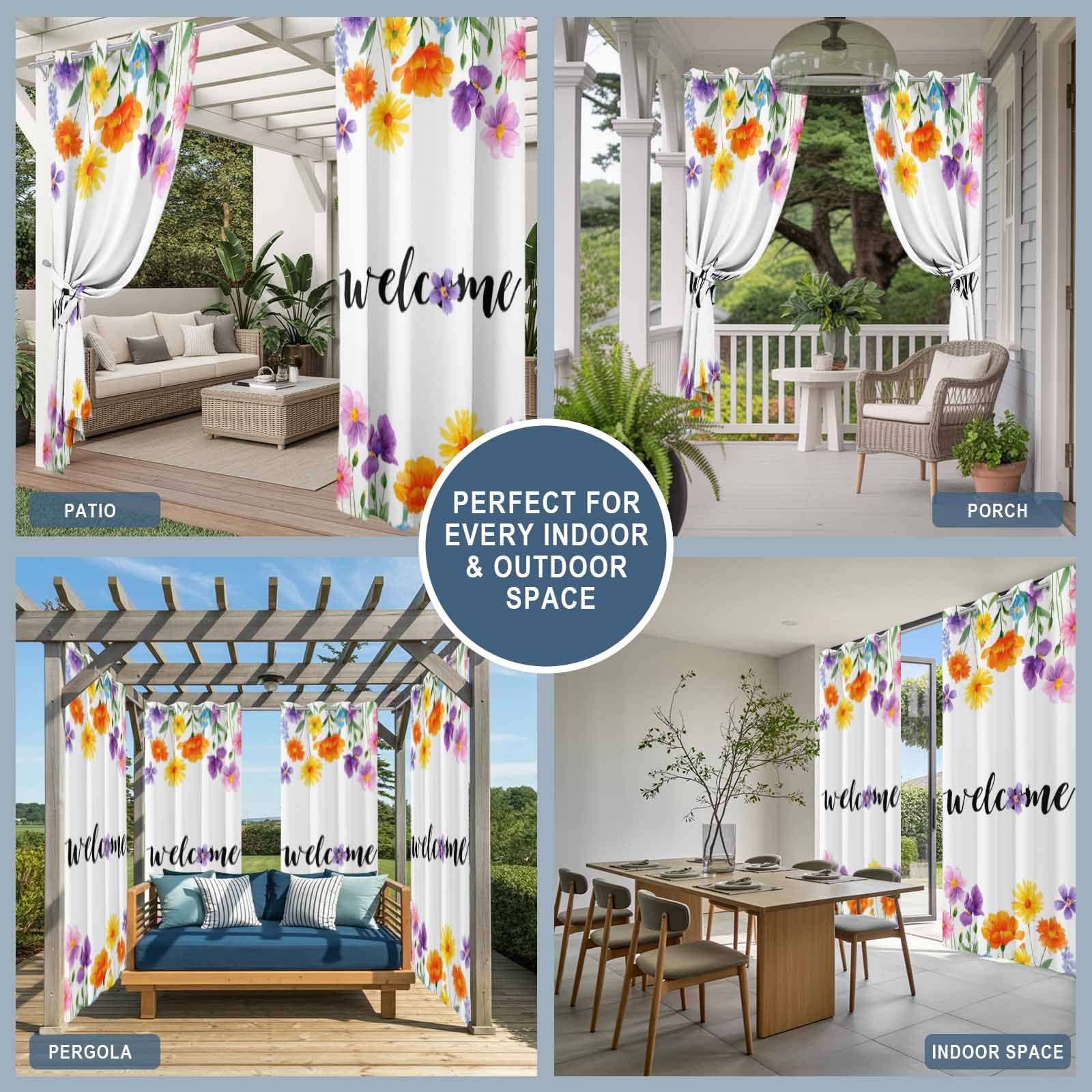 Farmhouse Outdoor Curtains for Patio, Welcome Yellow Purple Flower Wildflower Sunshade Privacy Drapes Grommet Waterproof Outside Curtains for Porch/Cabana/Balcony 54"x 108", 1 Panel
