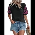 thumbnail image 2 of Blusas Texturizadas con Bordado Floral para Mujer, Cuello Redondo, Corta Abullonada, Informales, Holgadas, Lisas, Bordadas, Negras, Talla L, 2 of 9
