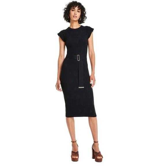 Vince Camuto Womens Textured-Knit Cap-Sleeve Midi Dress Black L