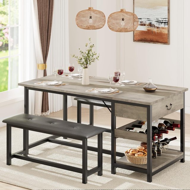 Dining Table Set for 4, 3 Piece Kitchen Dining Table Set with Upholstered Benches, Kitchen Dining Room Table with Storage Drawers & Wine Rack for Small Space, Apartment, Space Save