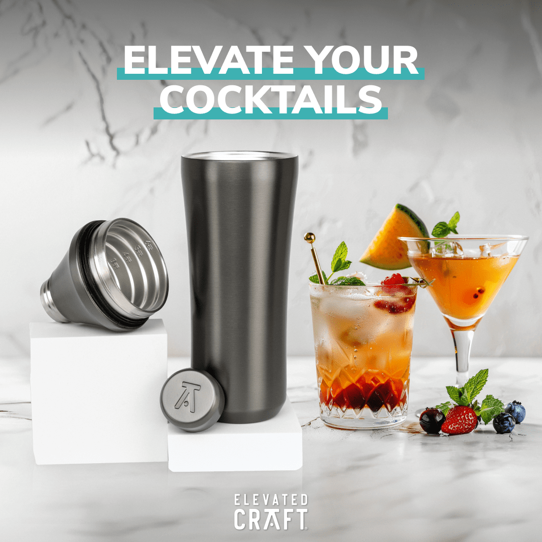 Elevated Craft Hybrid Cocktail Shaker - Premium Vacuum Insulated Stainless Steel Gunmetal Cocktail Shaker - Innovative Measuring System - Martini Shaker for the Home Bartender - 28oz Total Volume