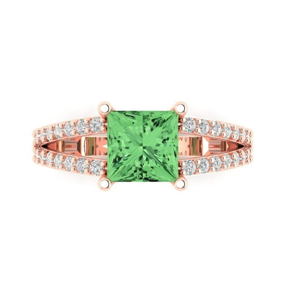 2.43ct Princess Cut Green Crystal 14k Pink Rose Gold Engraving Statement Bridal Wedding Designer Ring Size 7.5