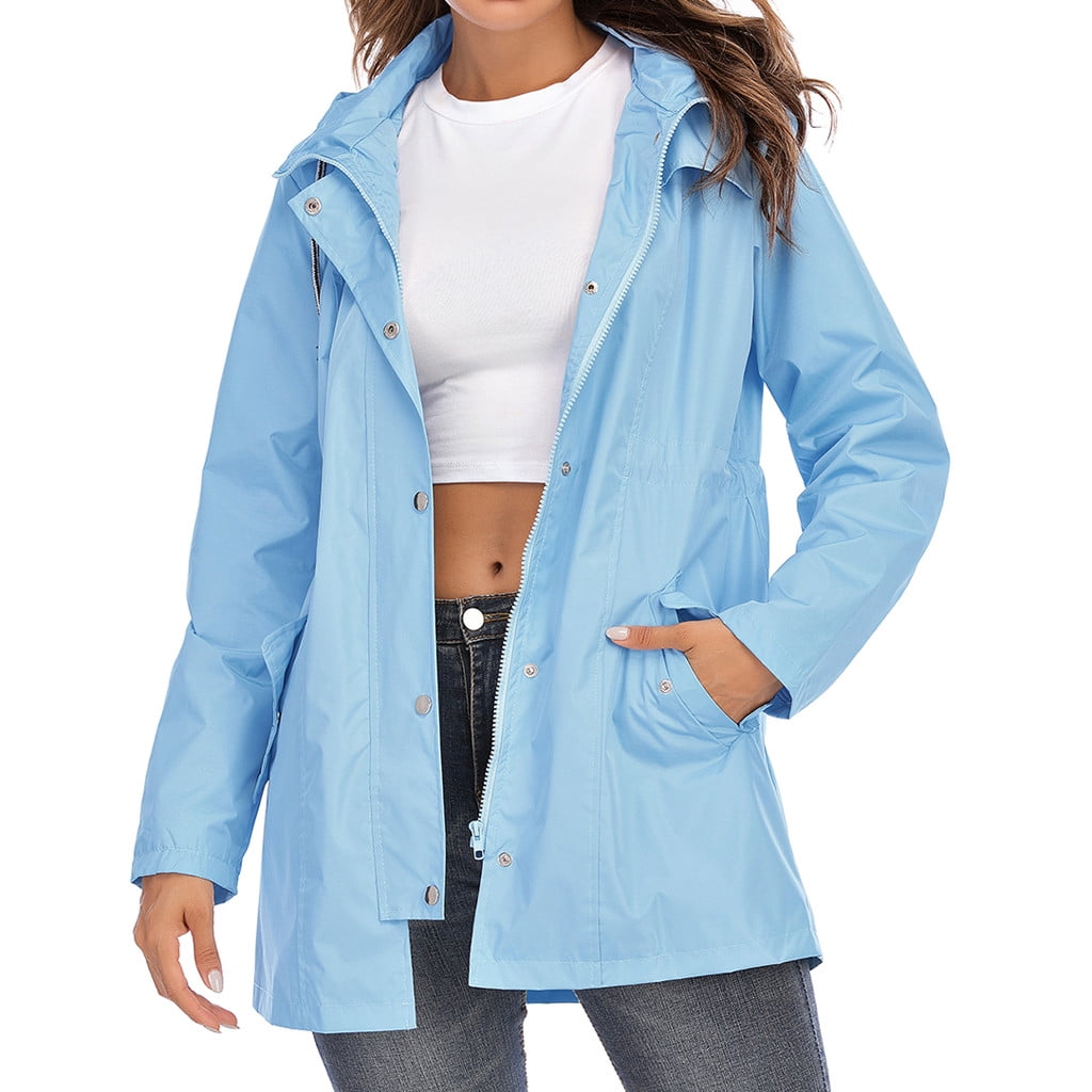 Lyinloo Women Hooded Waterproof Zipper Mid length Windproof