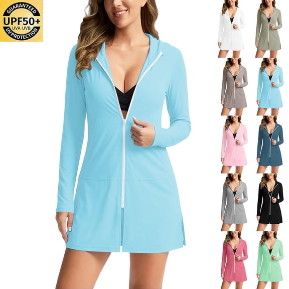 Women's Hooded Zip Up Swim Cover Up Dress Long Sleeve Quick Dry Beach Coverup with Pockets Side Slit Bathing Suit Robe for Pool Vacation Black,L