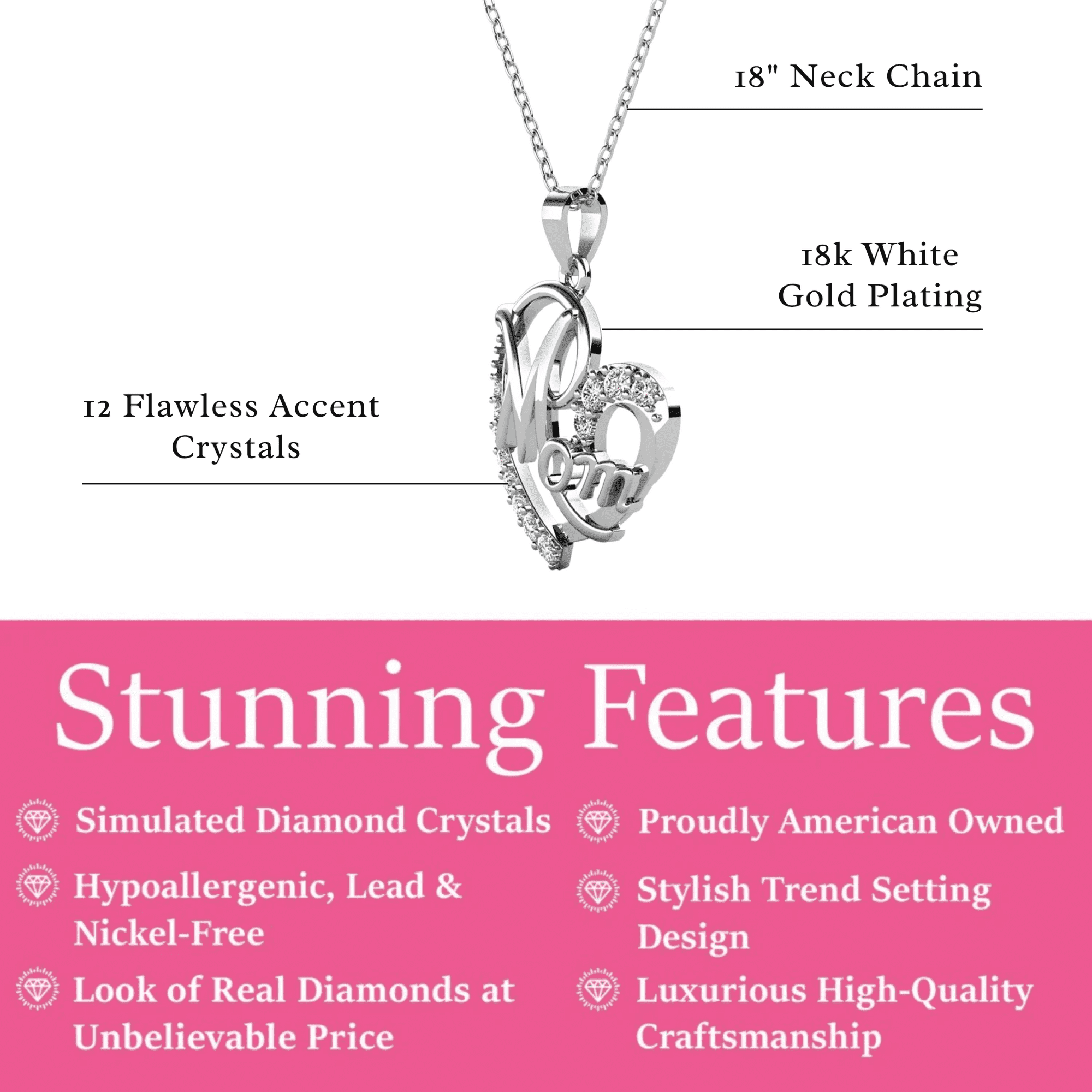 Cate & Chloe Persephone 18k White Gold Plated Mom Heart Necklace with Simulated Diamond for Women