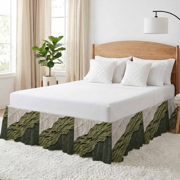 Olive Green Ombre Bed Skirt California King Size 16 Inch Drop, Beige Green Fabric Texture Gypsum Style Abstract Adjustable Elastic Dust Ruffles Bedskirt Wrap Around Pleated Mattress Frame Cover