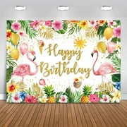 Aloha Luau Backdrop Summer Hawaiian Flamingo Happy Birthday Background Palm Leaves Floral Birthday Party Decorations Banner Photo Studio Props (White)