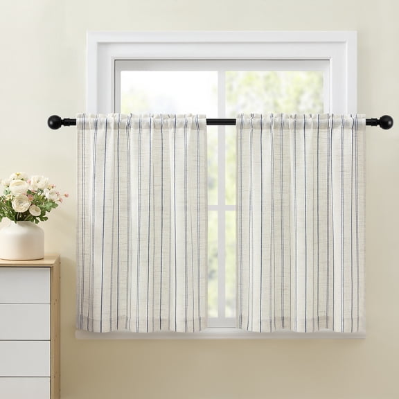 Muuphra Farmhouse Striped Linen Blend Kitchen Curtains for Living Room Kitchen Bathroom RV,2 Panels,30×24"
