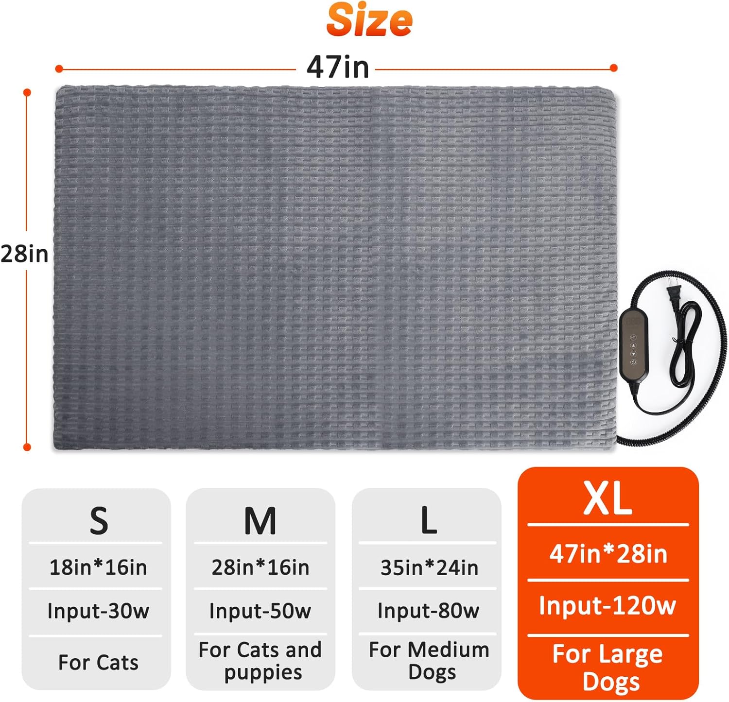 Cat Heating Pad, Waterproof Heated Cat Dog Bed with Adjustable Temperature & Timer, Electric Pet Mat for Indoor Cats Dogs, Chew Resistant Steel Cord（Extra Large : 47"x28" Gray）