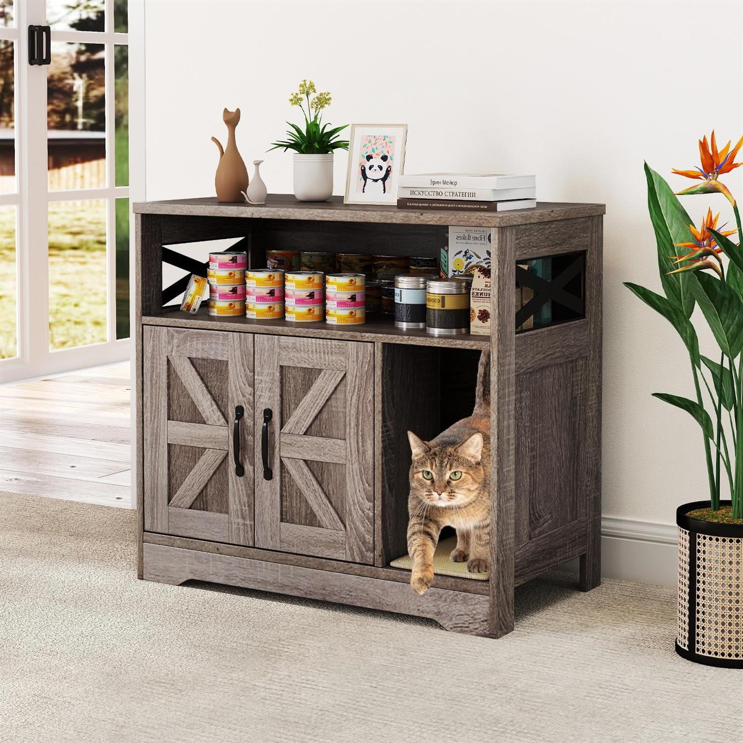 Pefilos Hidden Cat Litter Box Enclosure, Storage Space & Sisal Mat, Anti-Toppling Design, Grey