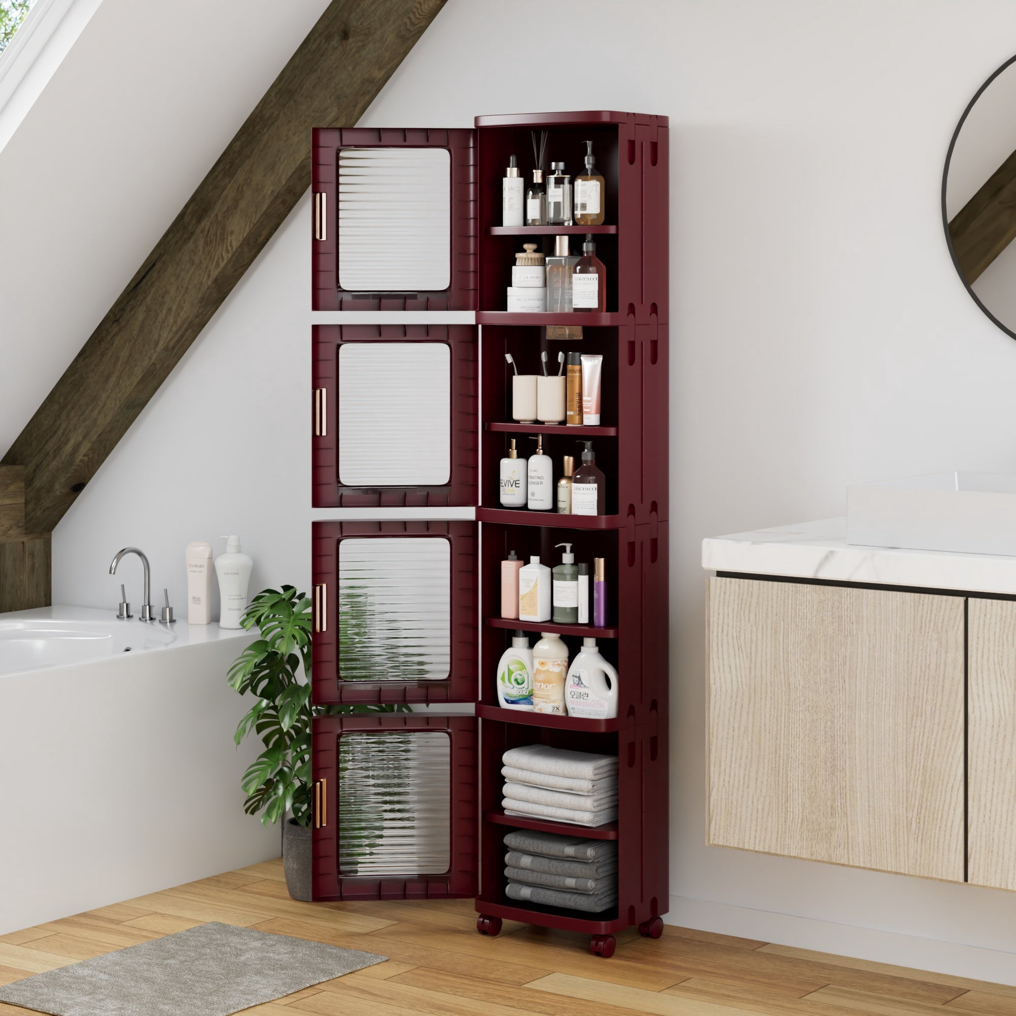 VECELO 4-Tier Slim Storage Cabinet with Wheels, Folding Stackable Box Organizer with Adjustable Shelves and Anti-Tip Design, Red, Large