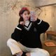 thumbnail image 3 of Suéter holgado de cuello en V de color liso estilo preppy para mujer, moda de otoño e invierno, prendas de punto bordadas, tops de punto casuales que combinan con todo, 3 of 5