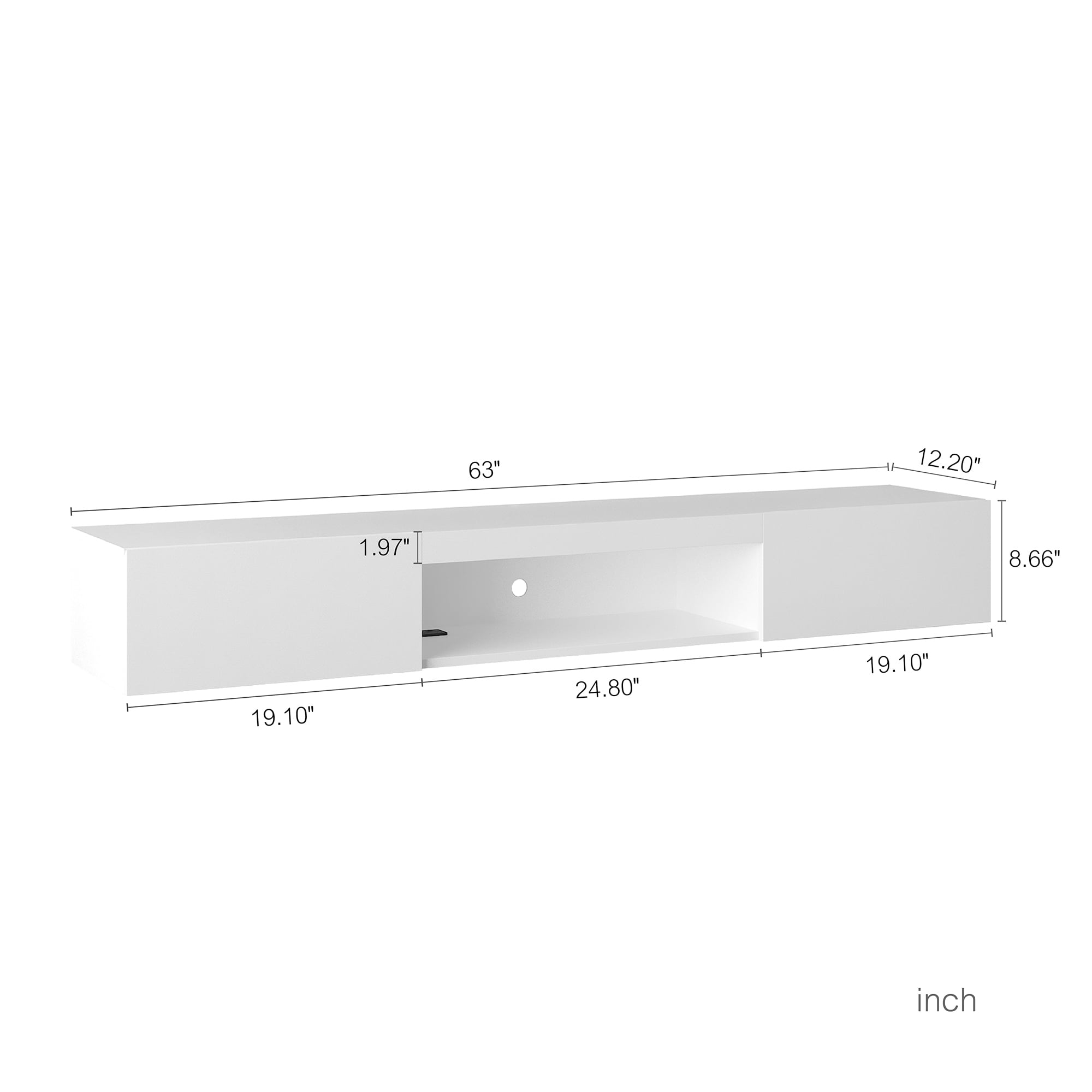 BaPiPro 63-Inch Wide Floating TV Stand with 16-Color LED Lighting, Wall-Mounted Media Console with USB Power Strip and Cable Management, White