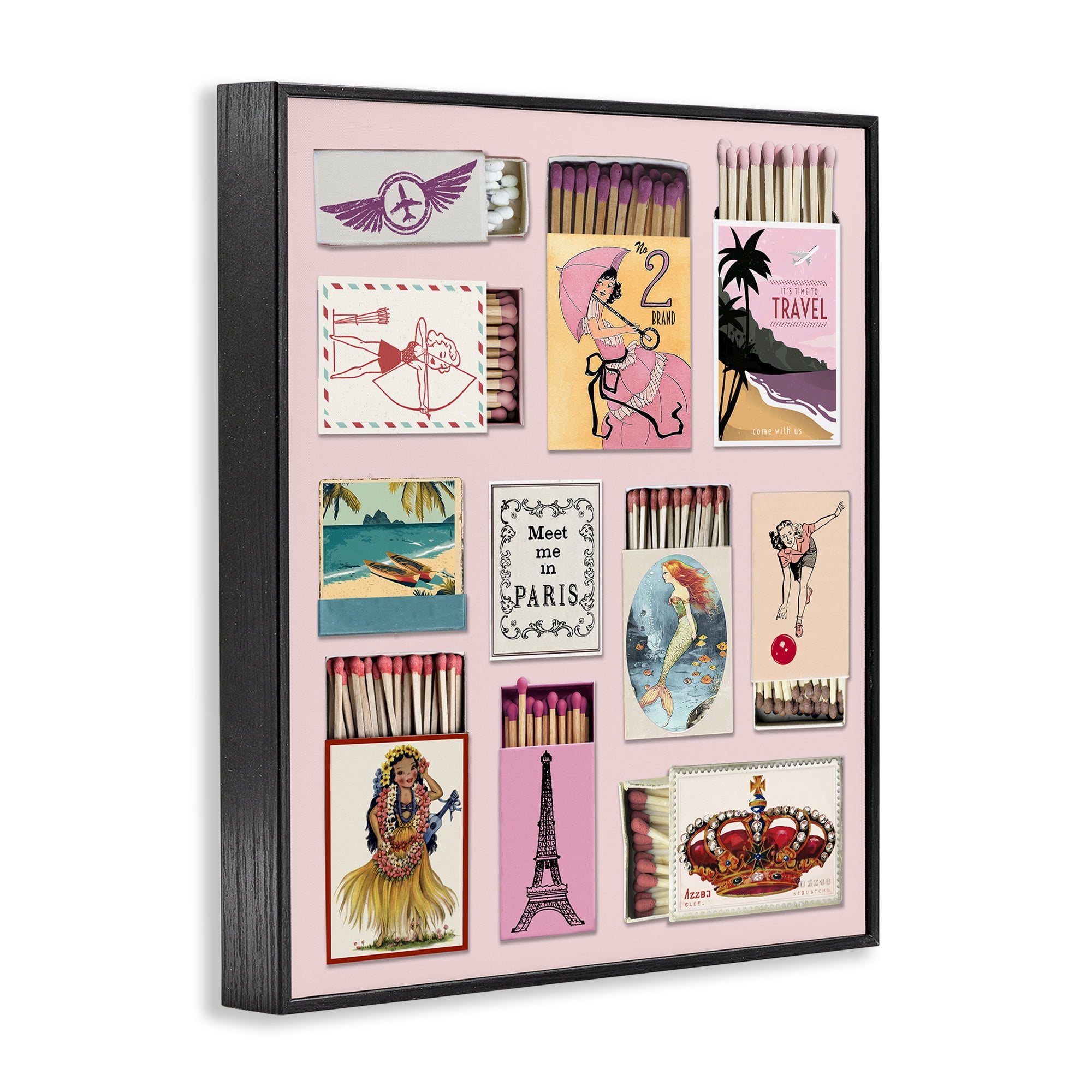 Stupell Industries Vintage Travel Matchbook Montage Black Framed Giclee Art, design by CAD Designs