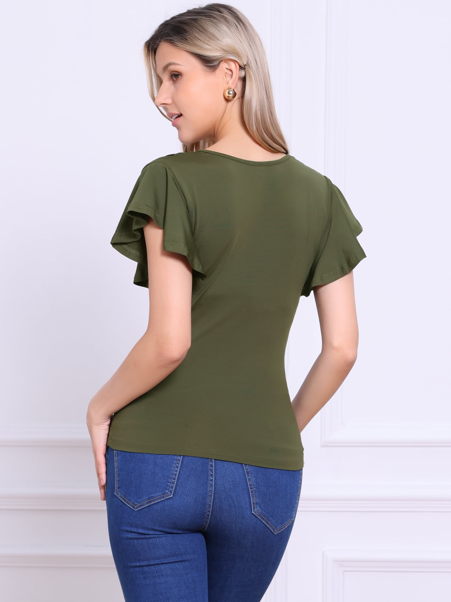 DARING DIVA Women's Stylish V Neck Cinched Waist Ruffle Sleeve Blouse M Dark Green