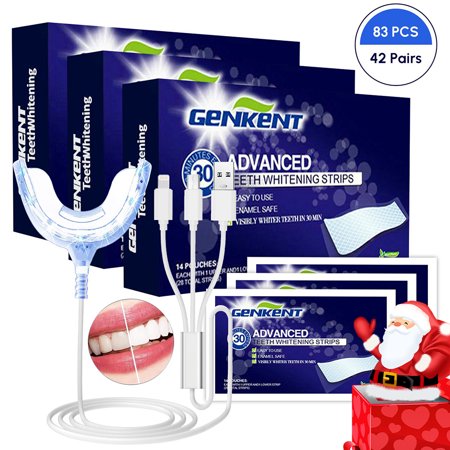 Genkent Teeth Whitening Kit with 16X Bule Teeth Whitening Light  83 Pcs Teeth Whitening Strips  Teeth Whitening for Sensitive Teeth  Christmas Gifts for Women Men