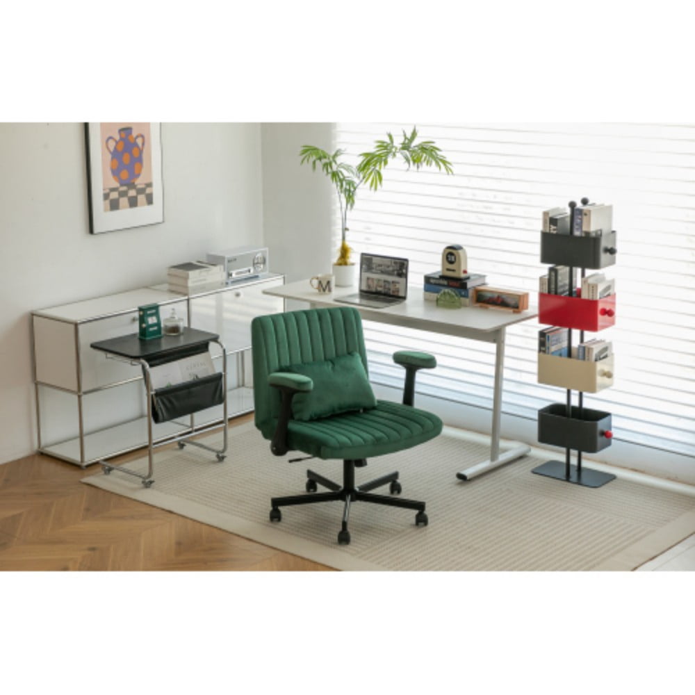 Velvet Criss Cross Office Chair with Wheels, Modern Upholstered Desk Chair with Adjustable Height, 360° Swivel & Tilt, Green
