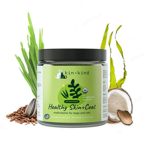 kin kind Organic Multivitamin for Dogs & Cats - Vitamins and Supplements for Immune Support, Healthy Skin Coat - Natural Formula with Wheatgrass, Kelp, Flax Seed, Seaweed and Coconut - Made in USA
