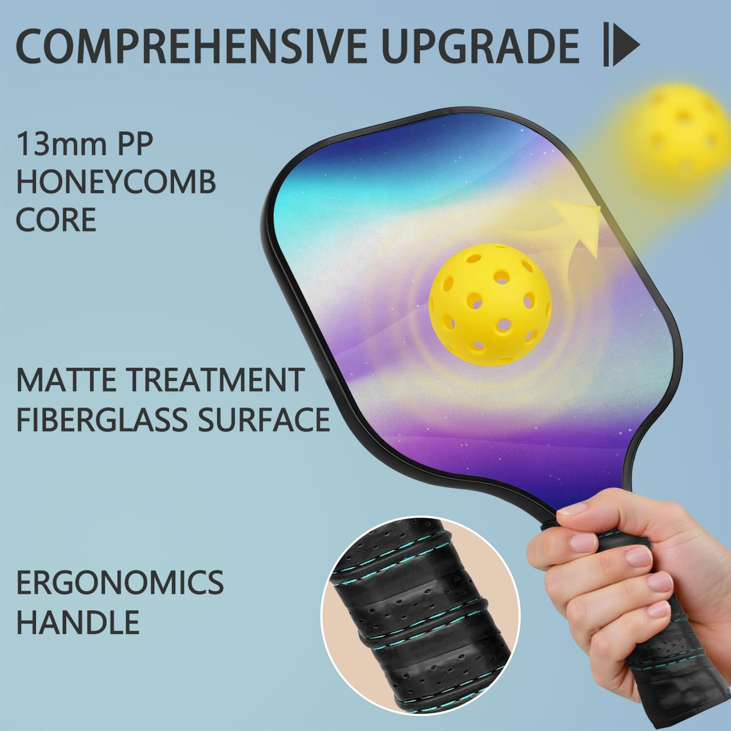 Pickleball Paddles Set Of 2, Fiberglass Surface, Fluid Smoke Aurora Art Style, 4 Balls & Bag