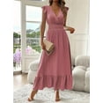thumbnail image 3 of Women'S Summer Maxi Dress Elegant V Neck Ruffle Flowing Sleeves Waist Pleated Flowing Wedding Guest Dress Pink XXL, 3 of 6